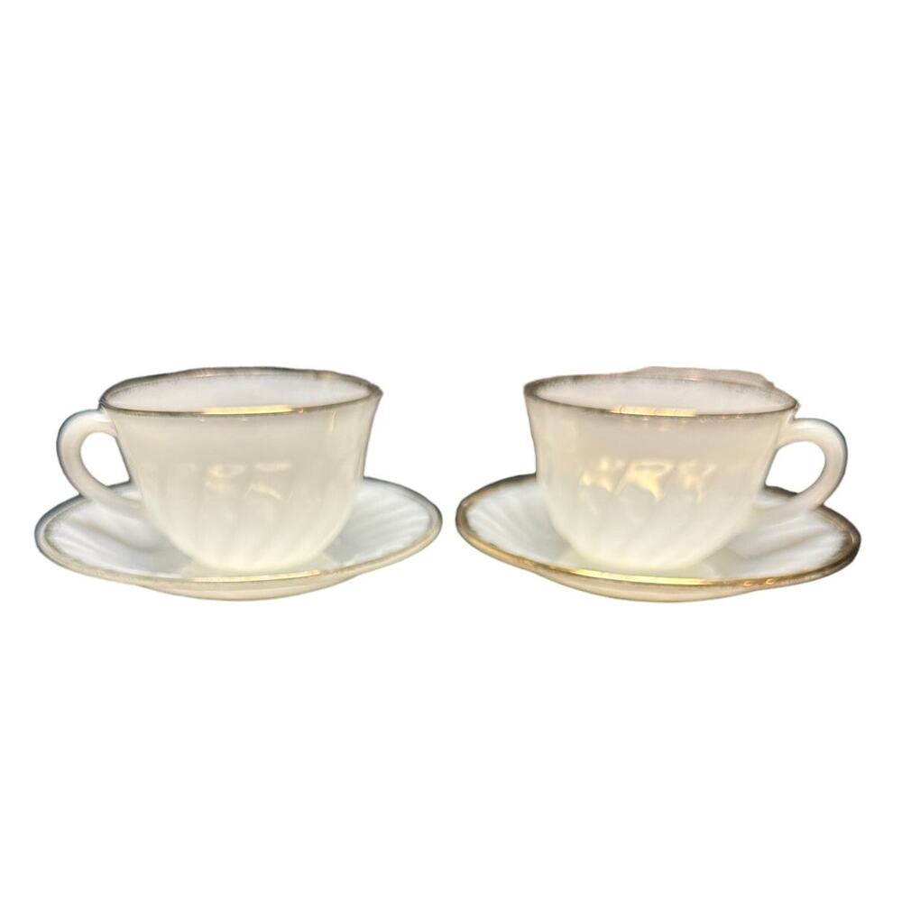 Vintage Fire King Set of 2 Cup and Saucer Gold Trimmed Swirl Pattern Milk Glass